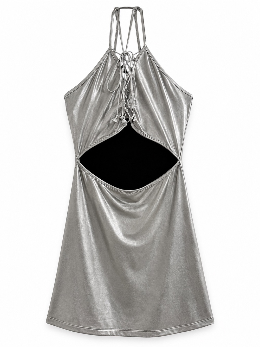 Silver Metallic Cutout Halter Mini Dress
